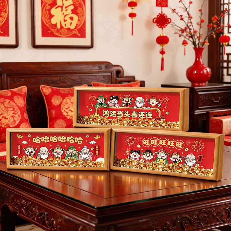 Five-Way God of Wealth Banner with Hollow Photo Frame Ornament for Living Room, Study, Desktop Decoration with Gold Ingot Display, Housewarming Gift Five-Way God of Wealth Banner with Hollow Photo Frame Ornament for Living Room, Study, Desktop Decoration with Gold Ingot Display, Housewarming Gift
