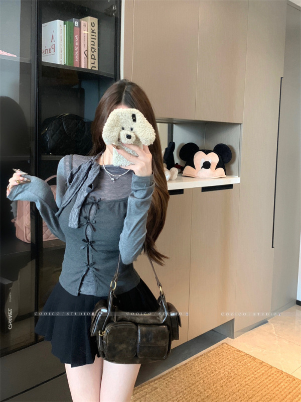 韩系时尚套装气质绑带长袖T恤女秋季修身显瘦百搭吊带背心两件套|undefined