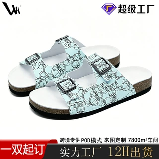 跨境ins风薄荷绿圆圈印花勃肯拖鞋 双搭扣软木底凉拖男女同款外穿