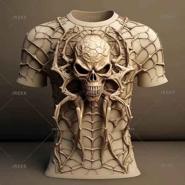 Verano calle todo-fósforo suelto cuello redondo manga corta transpirable camiseta de hombre thriller esqueleto relieve impresión digital 3D