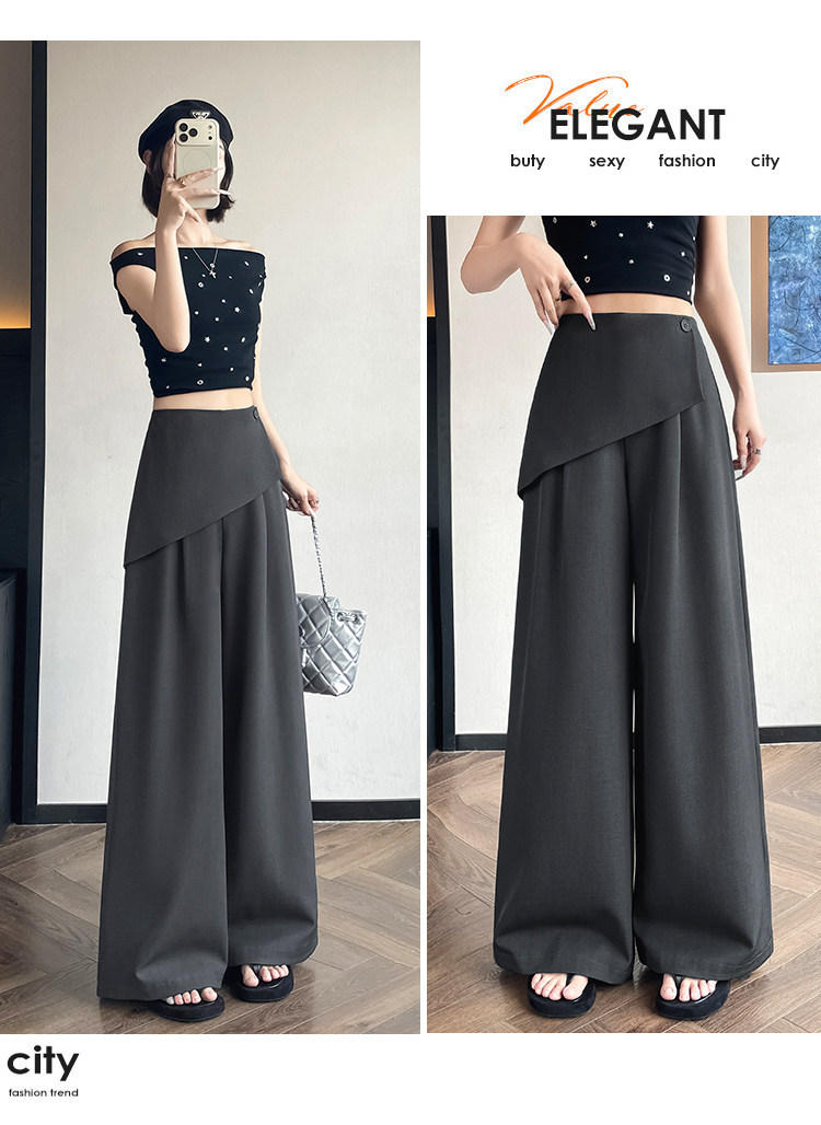 Quần culottes nữ ống rộng phối mảnh giả hai dây, cạp cao tạo dáng thon gọn — Xám kéo dài chi tiết 20