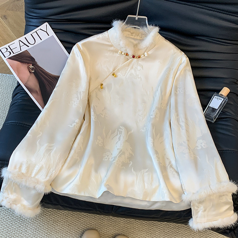 实拍新中式气质水貂毛提花夹棉上衣外套女复古短款茶服中式唐装