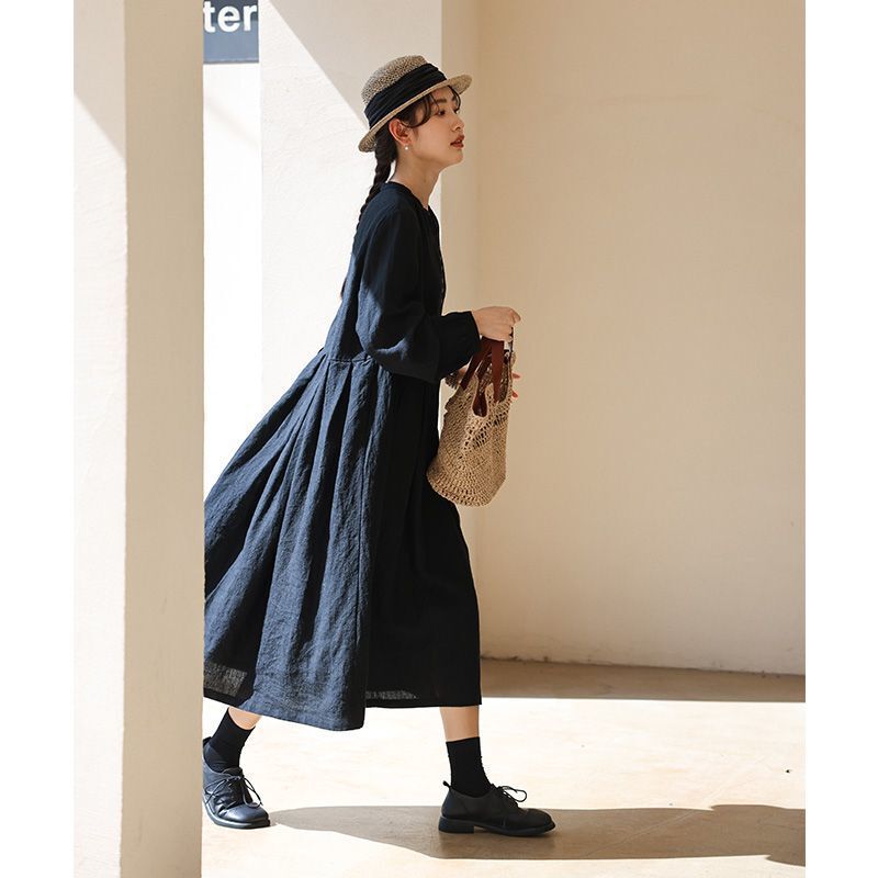 Spring and Autumn New Fashion Little Black Dress Mid-Length Linen Dress Literary Retro Women's High-End Long Skirt