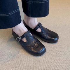 2025春と秋のレトロな黒い靴の女性のt字は丸い頭のメアリー珍の靴の新型の平のカジュアルな布の靴を掛けます。