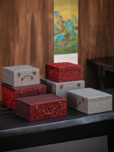 加厚木质布艺红色锦盒工艺品摆件玉器石头包装盒收藏收纳盒可定