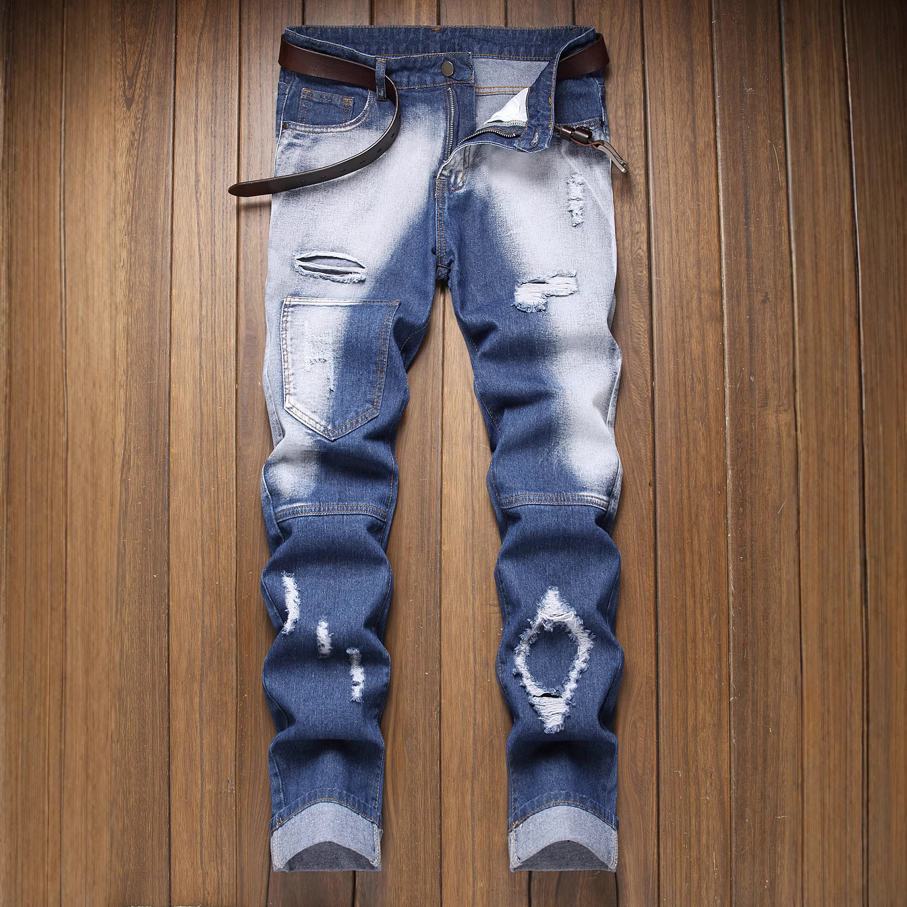 Men's Distressed Retro Straight Leg Jeans Slim Fit Wish Denim Trousers_mkmklike.com
