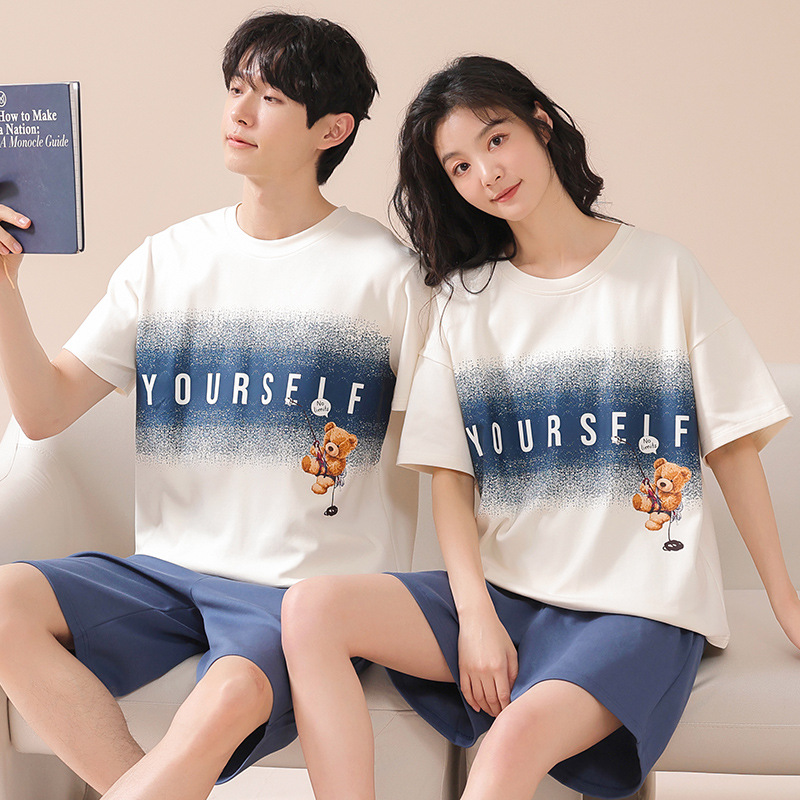Summer Couple Pajamas for Women, Pure Cotton Short-Sleeved, Cute Cartoon Home Clothes for Boys and Girls, Teenagers Can Wear Suits Outside in Summer