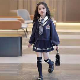 女孩英伦假两件上衣群套装中大童拼色条纹学院风洋气百褶裙两件套