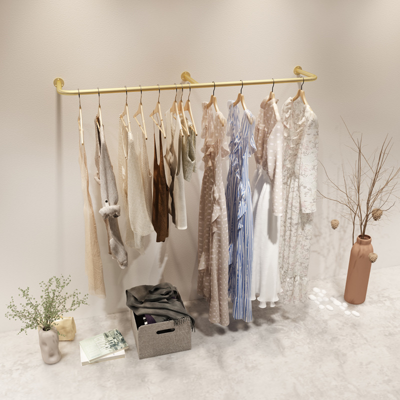 服装店展示架网红挂衣杆金色女装店货架上墙壁挂式墙上落地悬挂式