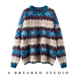 皇室拉绒100%纯山羊绒衫女重工提花拼色圆领减龄套头毛衣打底衫厚