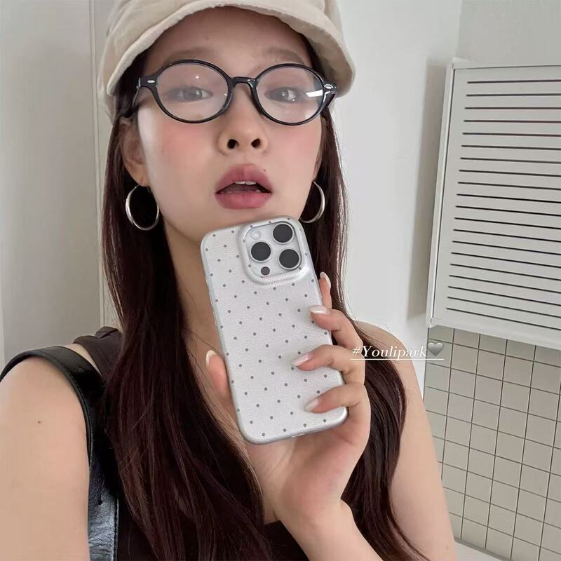 Niche Korean-Style Design Leather Case with Silver Polka Dots Suitable for iPhone 16 Pro Max, Apple 15, and iPhone 14 for Women