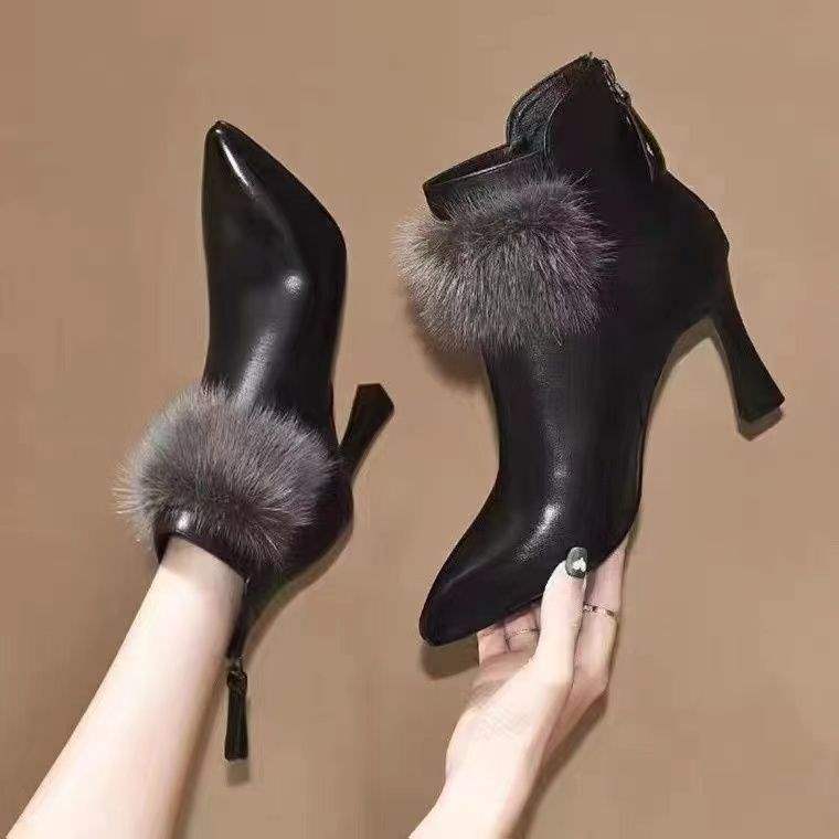 New Style High-Heeled Short Boots for Women, Autumn and Winter Versatile Pointed-Toe Elegant Mink Fur Stiletto Heel Wine Glass Heel Cashmere Boots for Women New Style High-Heeled Short Boots for Women, Autumn and Winter Versatile Pointed-Toe Elegant Mink Fur Stiletto Heel Wine Glass Heel Cashmere Boots for Women