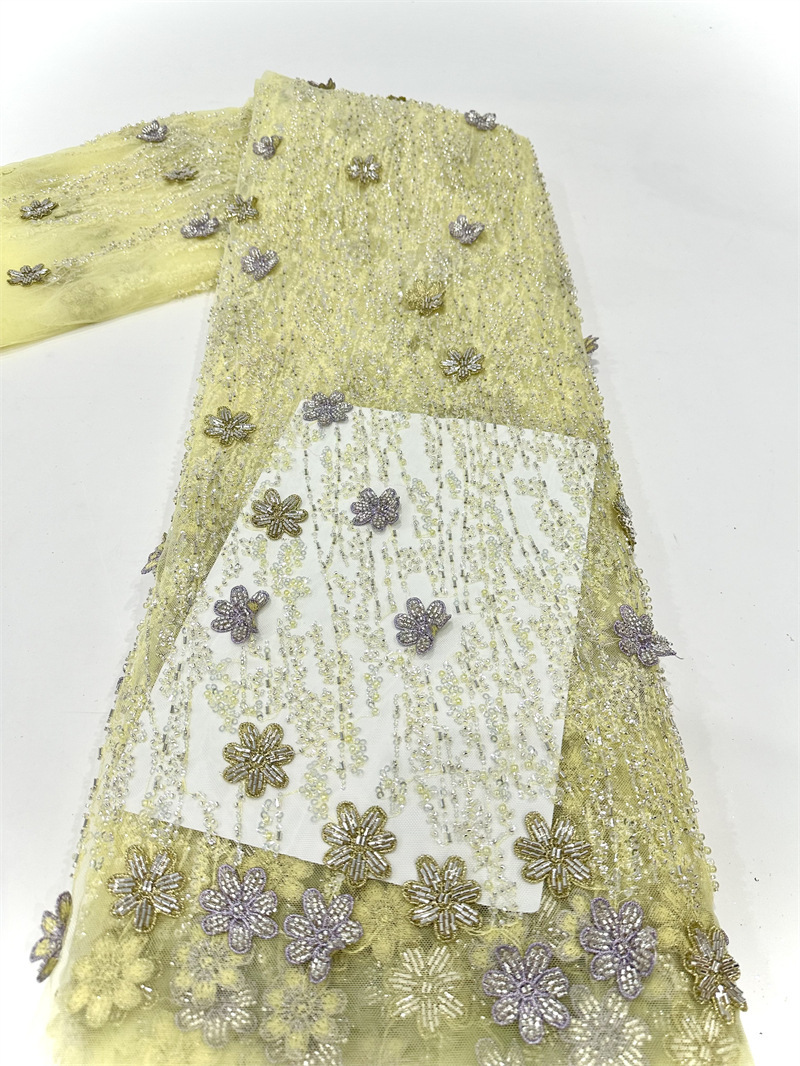 Multicolor decalca hecha a mano tubo de perlas bordado tela de malla pequeña cena de hadas fresca vestido de boda tela de vestido