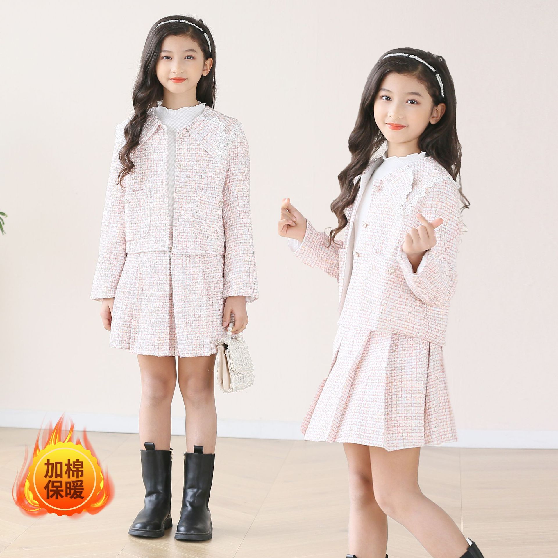 新款加棉加厚花邊領小香風套裝百褶裙韓版中大女童公主裙兩件套