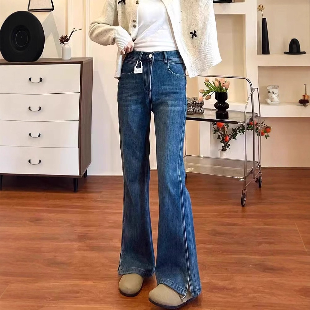 Plus-Size Split-Flare Jeans for Women, Autumn, for Curvy Figures, American Retro Straight Wide-Leg Bootcut Pants
