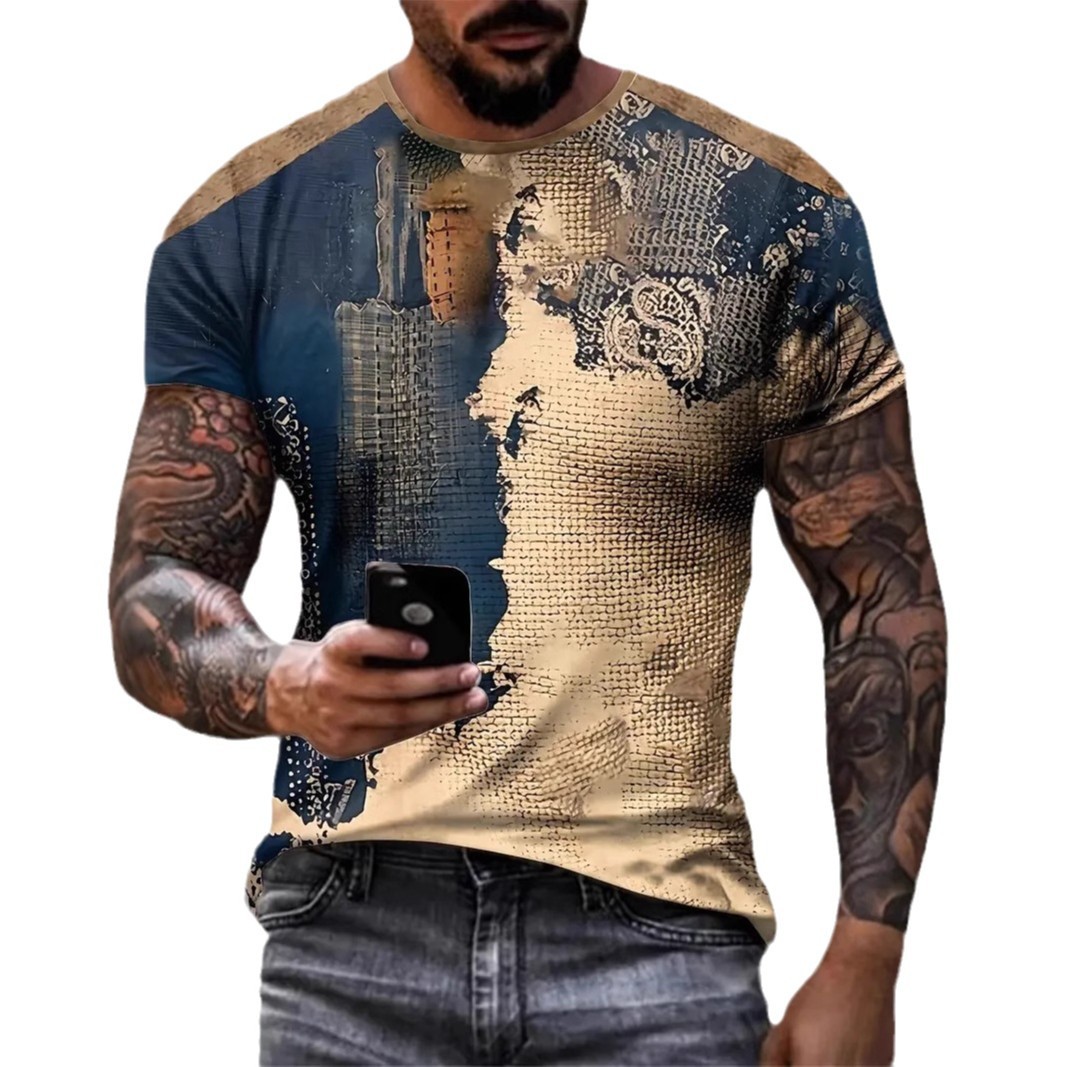 Clásico tejido retro estampado 3D hombre ancho de hombro suelto y transpirable manga corta cuello redondo camiseta venta directa de fábrica