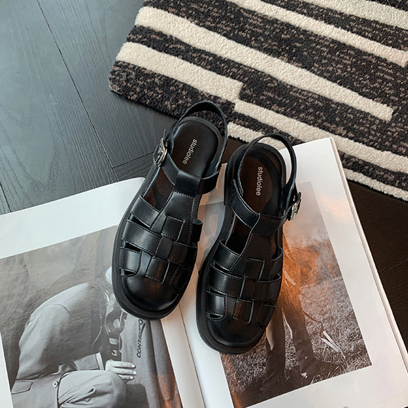 2024 verano nuevo estilo sandalias romanas retro tejido Baotou tacón grueso plataforma retro sandalias romanas planas mujeres