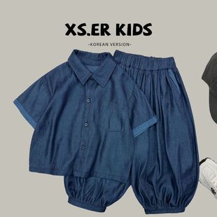 Boys' Simple Korean Denim Suit Summer Thin Fashion Short-Sleeved Denim Shirt Versatile Loose Two-Piece Set Trendy