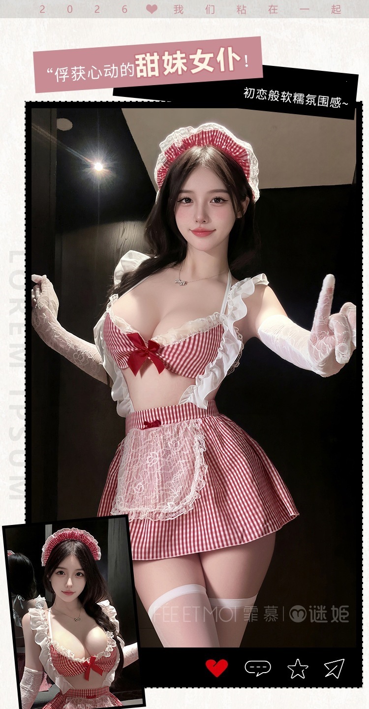 Sweet Summer Plaid Maid Costume Set with Lace Backless Suspender Dress and Accessories — detail image 10