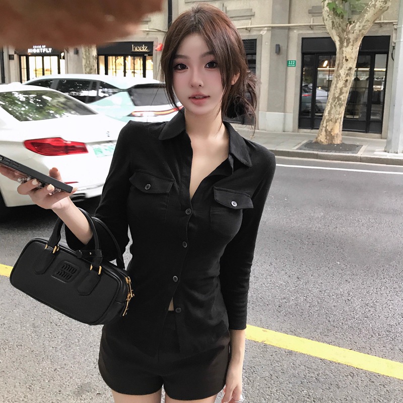 우아하고 섹시한 스타일의 여성용 가을 슬림핏 허리끈 셔츠, 흰색 카디건 탑