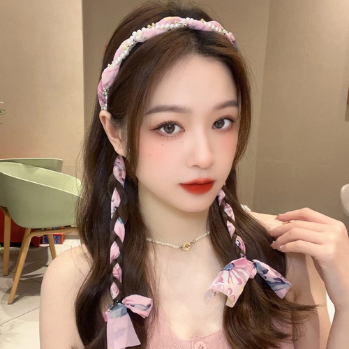 Floral headband, silk scarf, summer ribbon headband, one-piece women's daily wear, lace-up braided hair ribbon headdress
