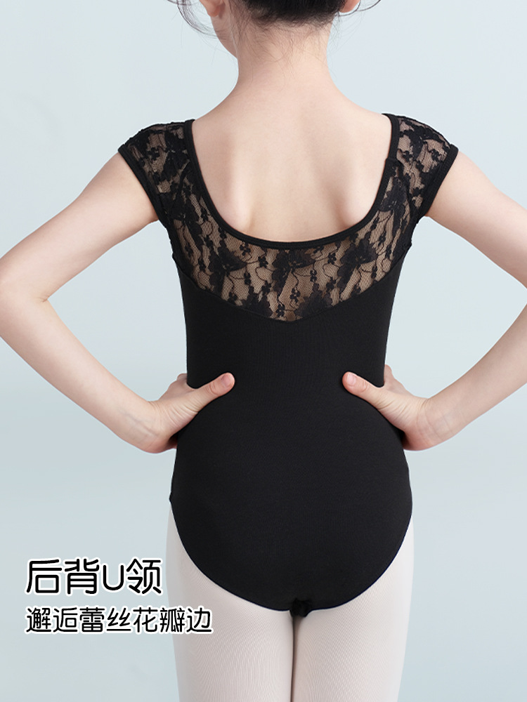 Ropa de baile Ropa de actuación de manga raglán con costuras de encaje de algodón de verano para niños Ropa de práctica de ballet transpirable y agradable para la piel