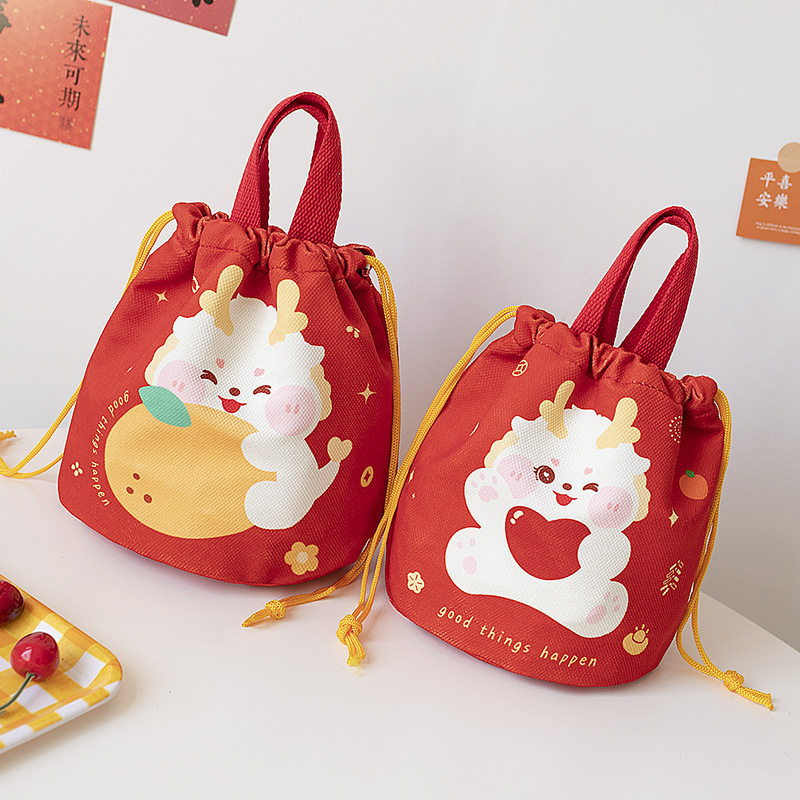 Winter Year Of The Dragon Portable Bucket Bag For Women Cute Year Red Festive Literary And National Style Hand-held Small Bag
