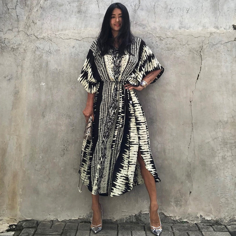 新款欧美蛇纹定位长袍防晒沙滩外套罩衫海边度假长裙连衣裙女|ms