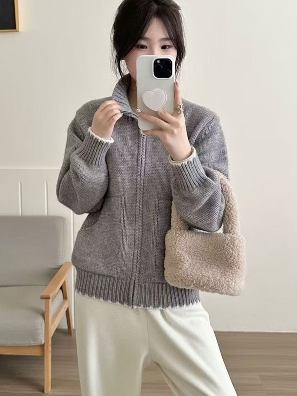 韩系复古双拉链翻领针织开衫女秋冬新款宽松显瘦百搭休闲毛衣外套|undefined