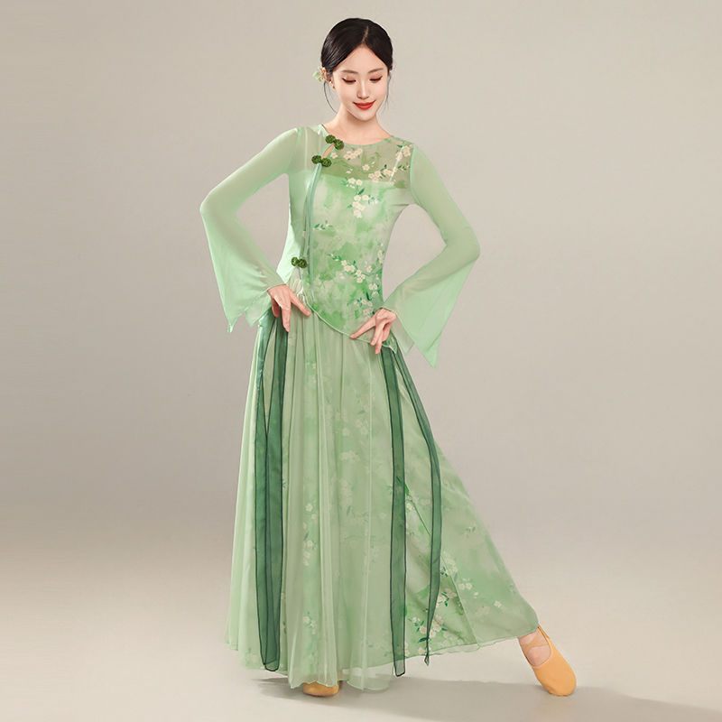新款舞蹈旗袍服女纱衣古典中国练功弹力身韵古典舞飘逸演出服套装|undefined