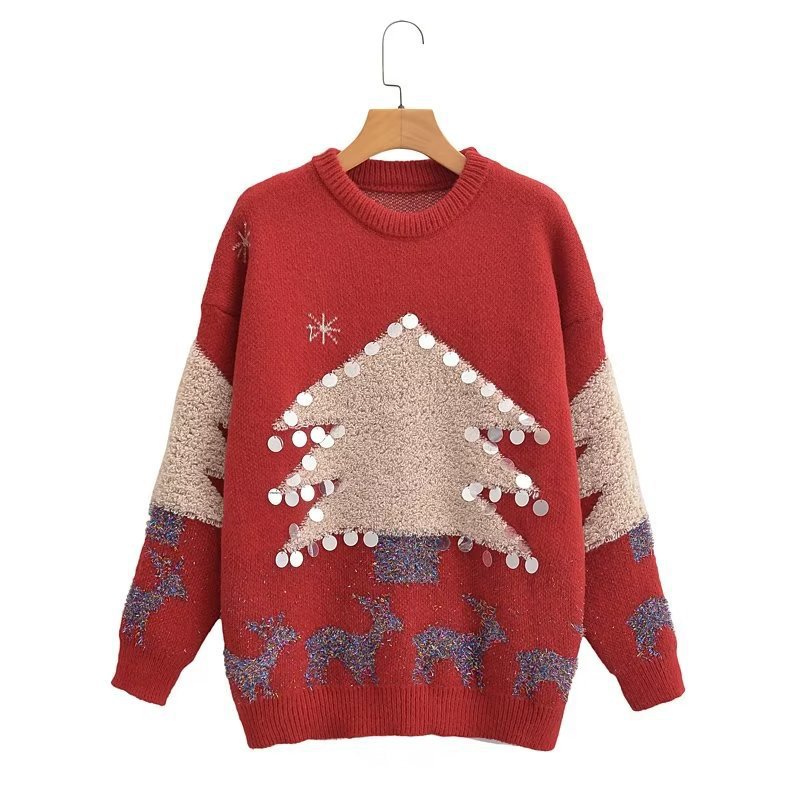Women's Clothing Christmas Holiday Sweater Handmade Sequined Christmas Tree Deer Jacquard Thickened Pullover_voghion.com