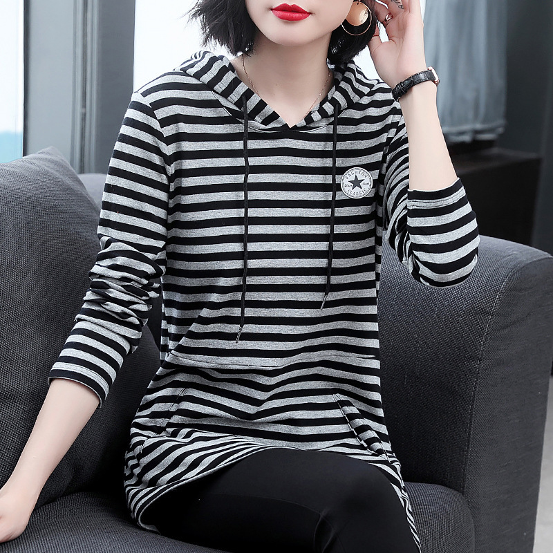 1108 in stock 3-color 7-size exquisite workmanship hooded sweater women's striped long long sleeve T-shirt top base shirt