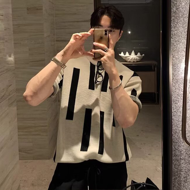 camiseta de punto de manga corta hombre rayas de contraste de color delgado antiguo estilo de negocios camiseta superior hielo seda fábrica de verano transfronteriza al por mayor