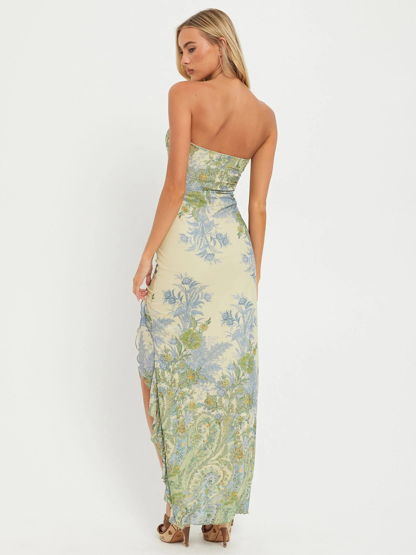 Elegant Strapless Slim-fit Mesh Printed Maxi Dress For Women_voghion.com