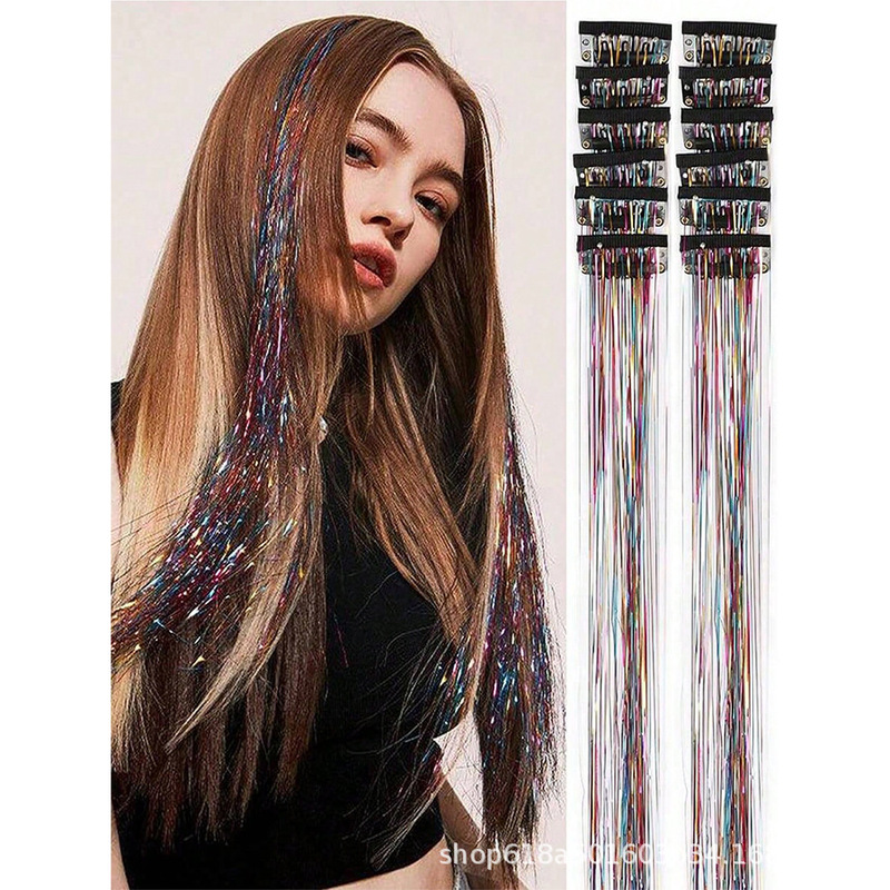 Amazon European and American 12-Pack Bb Clip Laser Gold Wire Shiny Metal Wire Hair Extension Wig Tinsel Hair