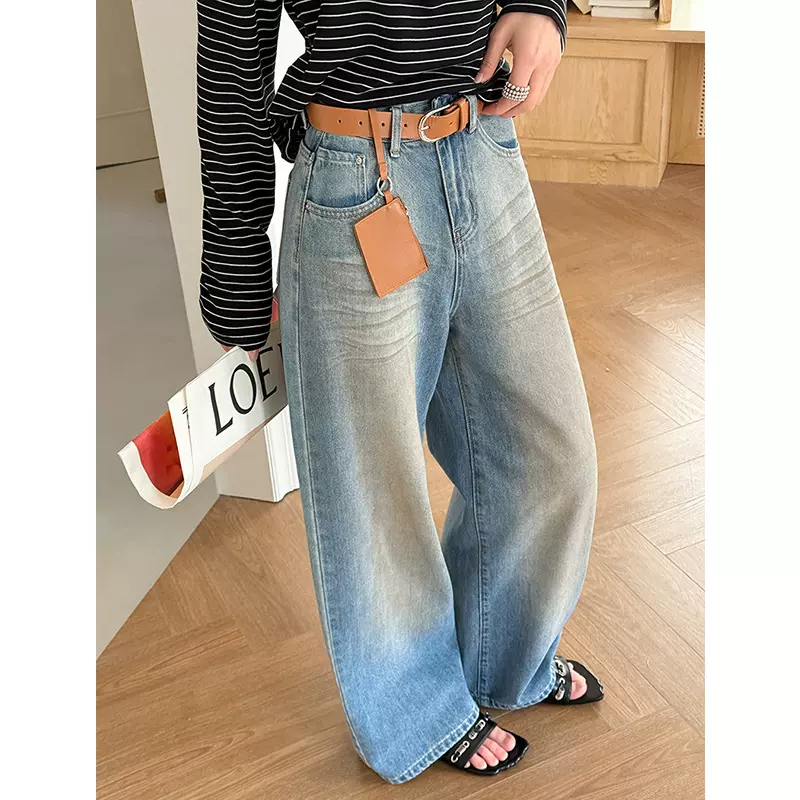 橘芷春季新款小个子蓝色折痕水洗高腰牛仔裤女阔腿宽松显瘦5616