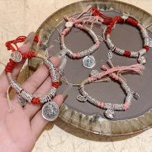 新中式福袋吊坠手链女复古名族风编织绳银盘红手绳手串手饰品批发