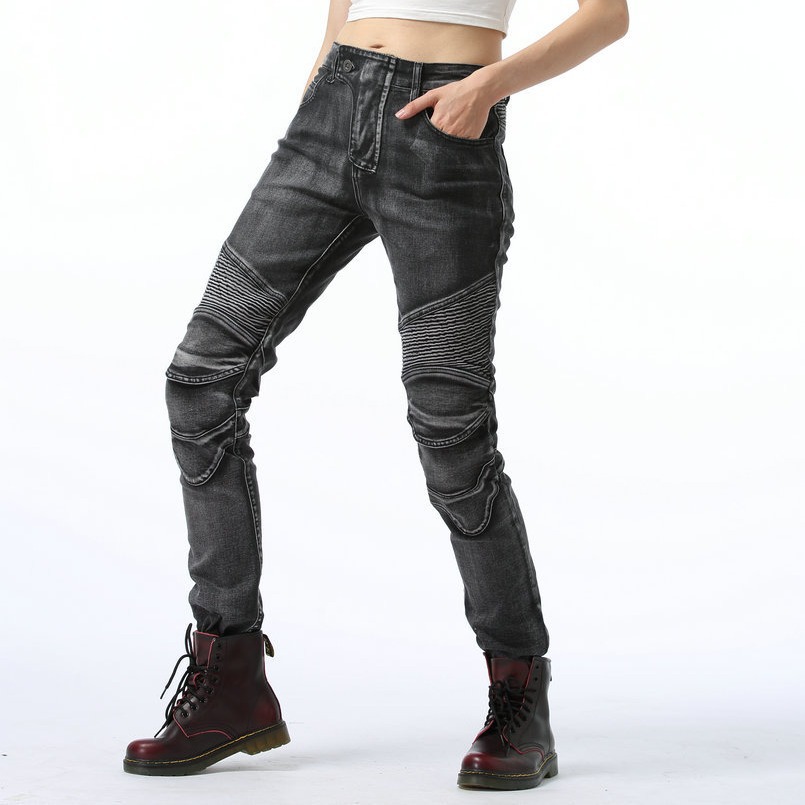 LOONG BIKER pantalones vaqueros de la motocicleta de las mujeres Caballero de la vendimia de la motocicleta pantalones de montar carreras resistente a la caída lavado Plata