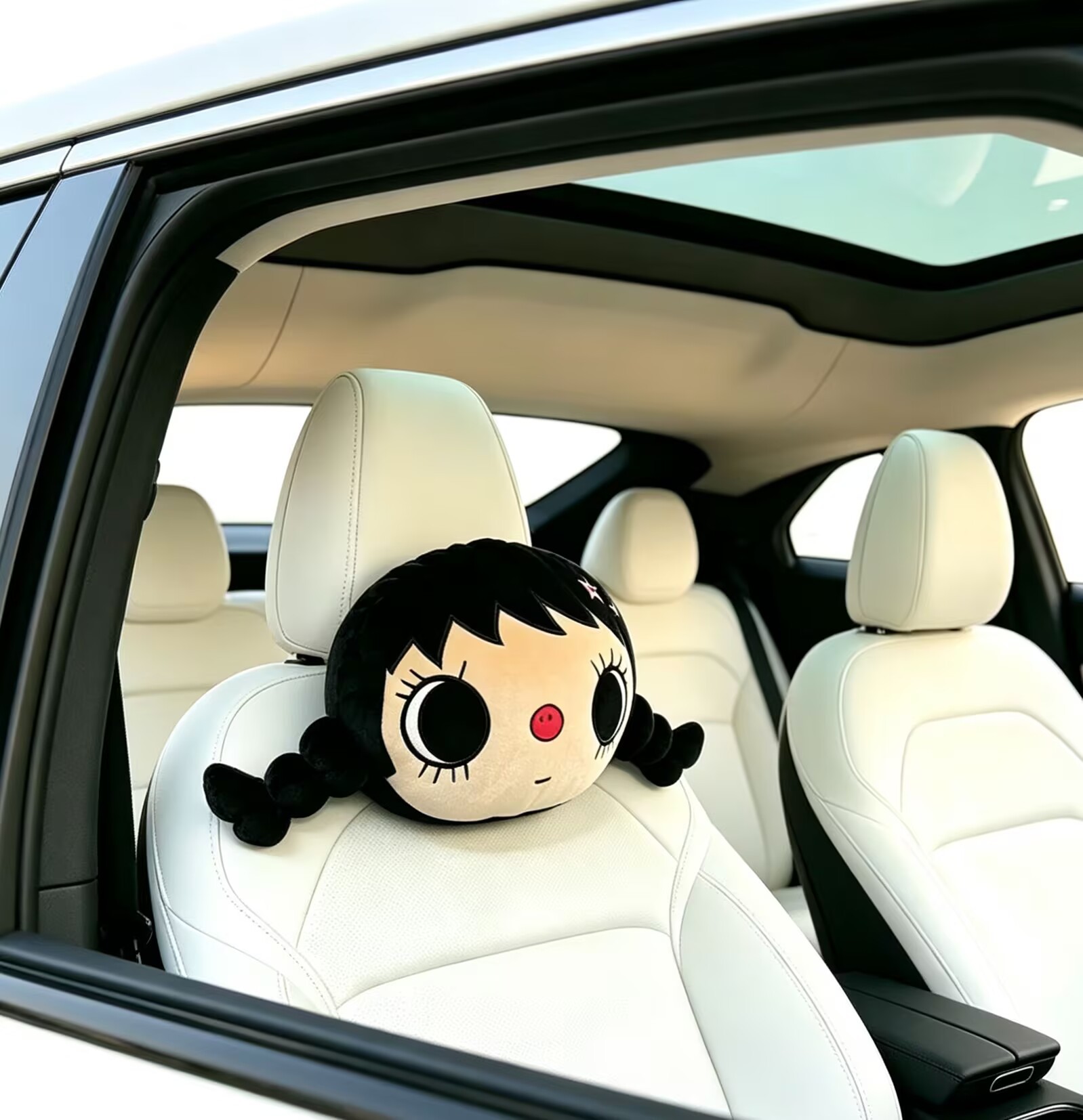 Trendy Big-Eyed Doll Car Headrest, Black Braided Girl Plush Neck Pillow, Internet Celebrity Style Throw Pillow