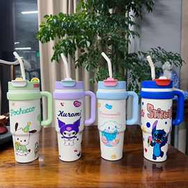 高颜值卡通三丽鸥史迪仔汽车杯304不锈钢保温杯手柄冰霸杯带吸管