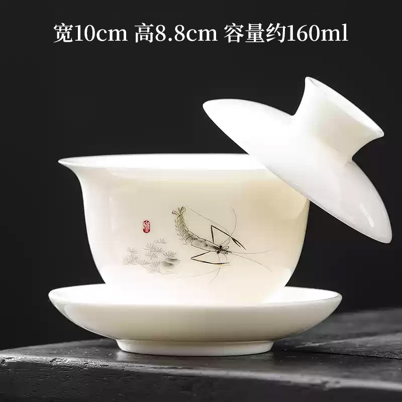 白磁のホバリング羊脂玉蓋碗茶三才蓋碗家庭用単一陶磁器茶碗の工夫茶器蓋付き手作り|undefined
