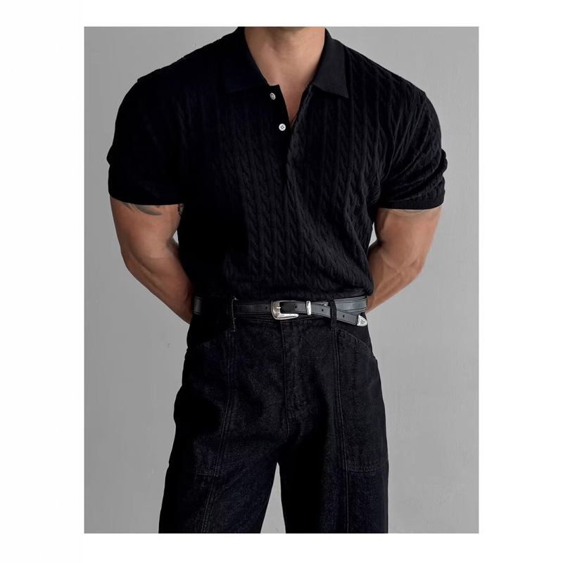 American Style Retro Hemp Pattern Lapel Knitted Short-sleeved Men's Spring and Summer Slim-fit Fashion Trend All-match Short T-shirt Half-sleeved American Style Retro Hemp Pattern Lapel Knitted Short-sleeved Men's Spring and Summer Slim-fit Fashion Trend All-match Short T-shirt Half-sleeved