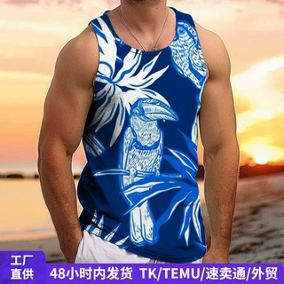 跨境3D印花背心男士无袖沙滩夏威夷透气上衣运动夏季宽松外贸服装