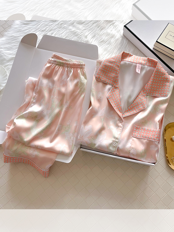 新款真丝睡衣女长袖春夏秋季家居服两件套装印花田园风休闲长裤|undefined