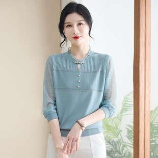 Mom's Yarn Sleeve Round Neck Base Spring Women's 2025 New Style Western Style Top Small Shirt Spring and Autumn National Style Hollow Sweater
