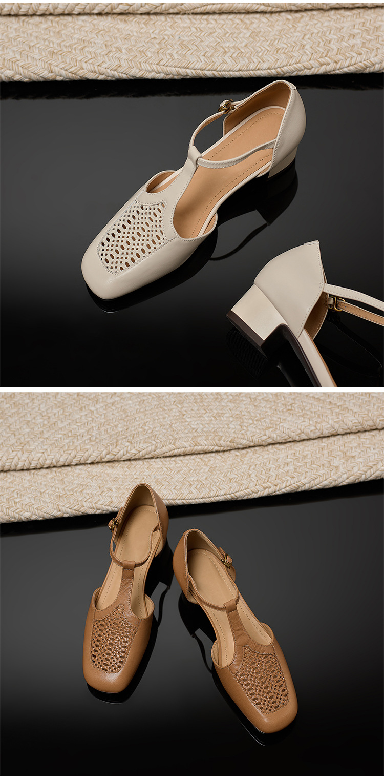 Sandal nữ da cừu thấp gót dệt vintage bít mũi quai chữ T — màu trắng ngà chi tiết 13