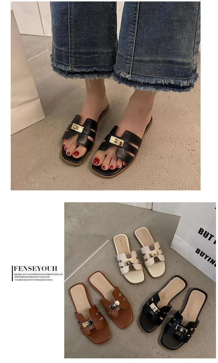 Slippers Flat Slippers Women's Outer Wear Summer 2023 New One Word open toe lock sandals and slippers for women's foreign trade_voghion.com