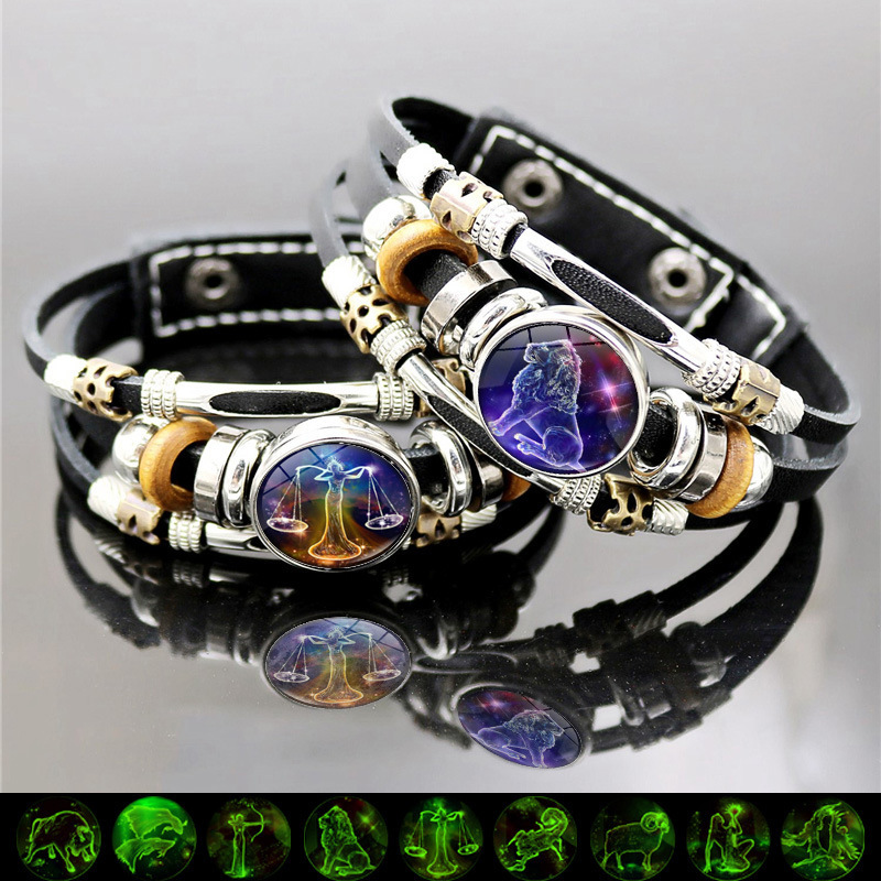 Luminous Twelve Constellations Bracelet for Men and Women Students Couple Birthday Gift Punk Style Multi-Layer Beaded Leather Bracelet Luminous Twelve Constellations Bracelet for Men and Women Students Couple Birthday Gift Punk Style Multi-Layer Beaded Leather Bracelet
