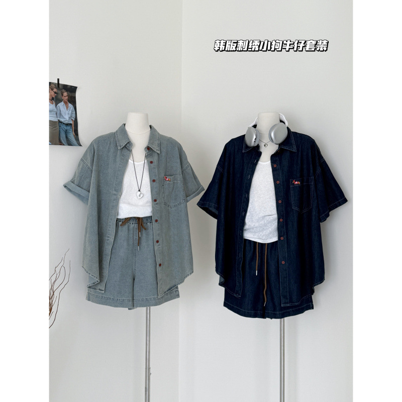 Senna 2025 Spring and Summer New Korean Style Loose Mid-length Embroidered Short-sleeved Denim Shirt High Waist Shorts suit Senna 2025 Spring and Summer New Korean Style Loose Mid-length Embroidered Short-sleeved Denim Shirt High Waist Shorts suit