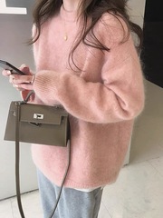 秋季新款感浣熊绒奶油蜜桃粉色毛衣女冬季设计感小众慵懒风